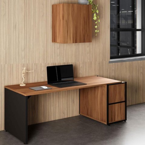 Mesa Escritório 1,70m C/ Balcão e Armário Aéreo 2 Portas F5 Cor:nogal com Preto
