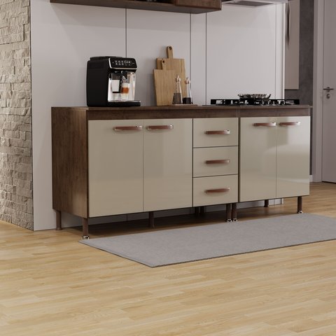 Kit 2 Balcões Modulados Gabinete Pia 120cm e Cooktop 70cm com Tampo Lisboa Fidelitá Noce/Off-White