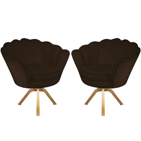 Kit 2 Poltronas Decorativa Pétala Base Giratória Madeira Couro Marrom Mz Decor