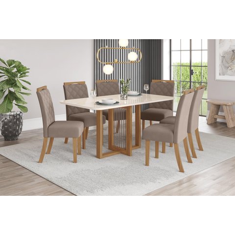 Mesa de Jantar Natali 160 C. Vidro 6 Cad. Bella Amendoa - Henn