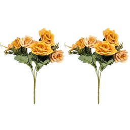 Jogo Buquê Mini Rosas Pêssego 5 Flores Folhagens Realistas 2 Unidades 30cm - 1