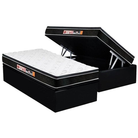 Cama Box Baú Solteiro: Colchão Espuma D33 Castor Black e White Air Euro Pillow + Base CRC Courano