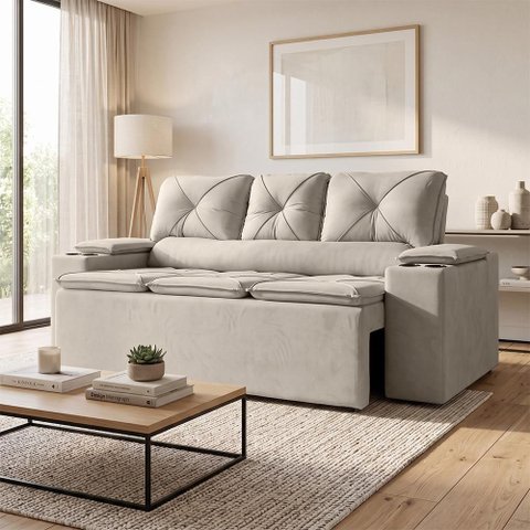 Sofá com Porta Copos Retrátil e Reclinável Siena 2,05m Velosuede - Netsofas - Bege