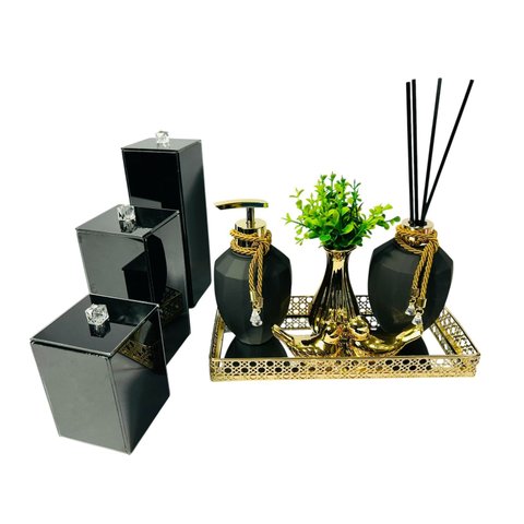 Kit Lavabo Completo Preto Gold Aroma Sabonete Porta Escovas