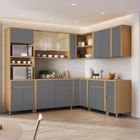 Cozinha 11 Peças Condessa com Vidro Canto Torre Quente 100% MDF. Cinza/Carvalho Titânio