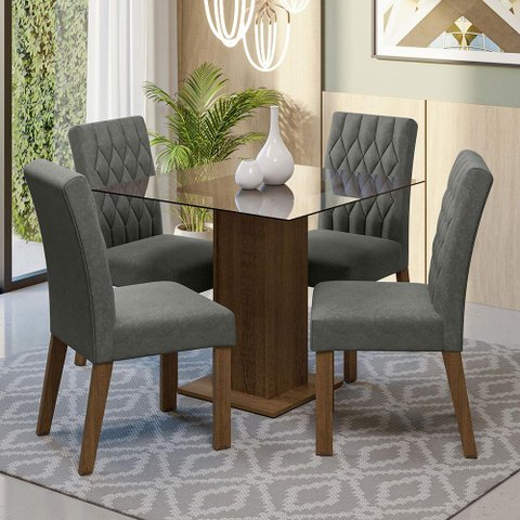 Conjunto Sala de Jantar Mesa Tampo de Vidro 4 Cadeiras Rustic/silver Noemi Madesa