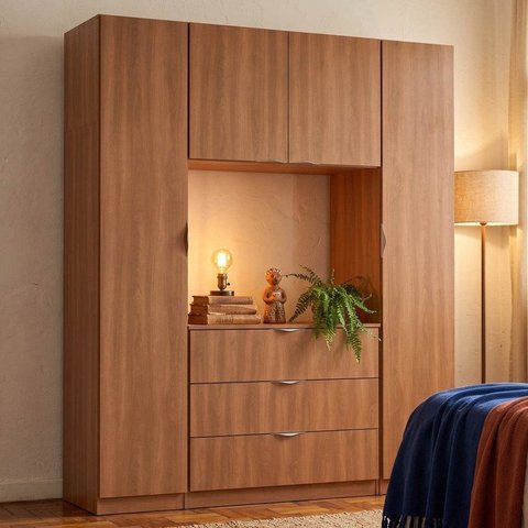 Guarda Roupa Modulado 4 Portas 3 Gavetas 4 Peças Hera CabeCasa MadeiraOriginals Louro