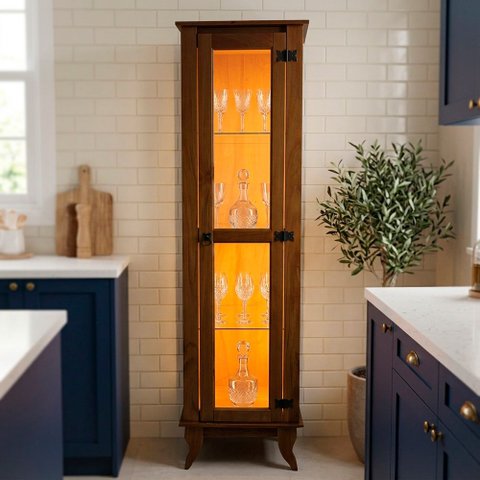 Cristaleira Alta Torre Funcional Contemporâneo Rústico Madeira Maciça 1 Porta com LED Domus Castanho
