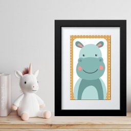 Quadro Infantil Safari Hipopótamo- 60x48cm:moldura Preta - 1