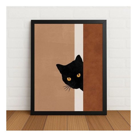 Quadro Decorativo Gato Escondido com Moldura e Vidro Preto