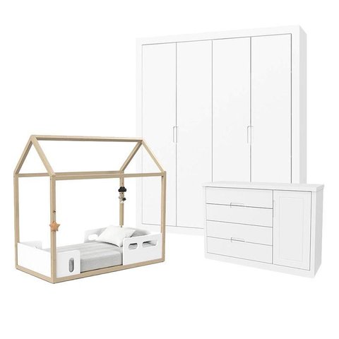 Quarto de Bebê Tutto New 4 Portas e Mini Cama Montessoriana Liv Branco Soft Natural - Matic