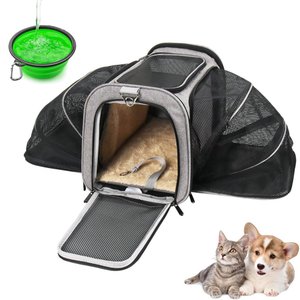 Kit Bolsa Pet Expansivel Transporte Viagem Cabine Cachorros e Gatos Cinza + 2 Comedouros - Duke & Di