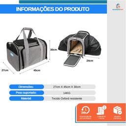 Kit Bolsa Pet Expansivel Transporte Viagem Cabine Cachorros e Gatos Cinza + 2 Comedouros - Duke & Di - 2