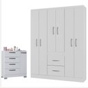 Ver imagem 1 de Cômoda 868 4 Gavetas e 1 Porta com Guarda Roupa Casal Milão 6 Portas Branco Brilho - Poquema