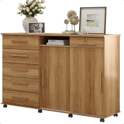 Cômoda 6 Gavetas 2 Portas Correr Rodizios - Freijó