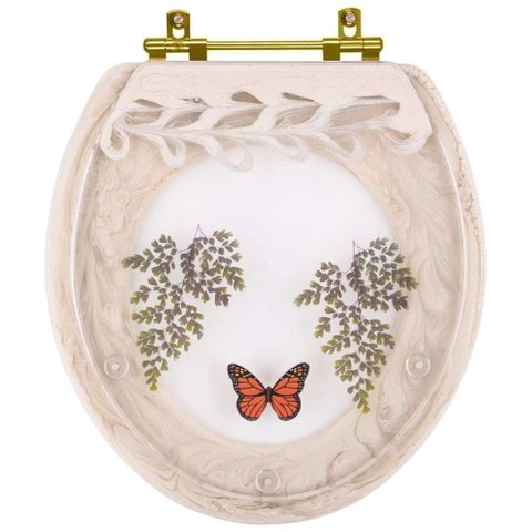 Assento Sanitário Poliester Decorado Oval Convencional Bege Claro Avenca com Borboleta Vermelha com