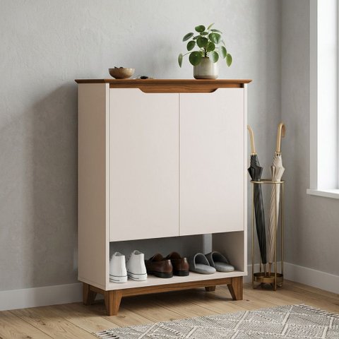 Sapateira Hall Flow Off White e Freijó para Organização de Calçados com Design Moderno
