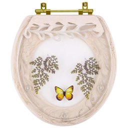 Assento Sanitário Poliester Oval Biscuit Decorado Borboleta Amarela com Ferragem Dourada - 1
