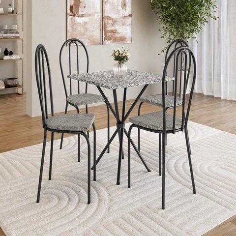 Conjunto Sala de Jantar Mesa Quadrada 70cm Tampo Granito com 4 Cadeiras Leia Preto/Grafiato/Ocre