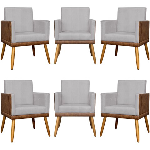 Kit 6 Poltronas Decorativas Lis Corino e Linho Cores Pé Palito 30 Cm Castanho