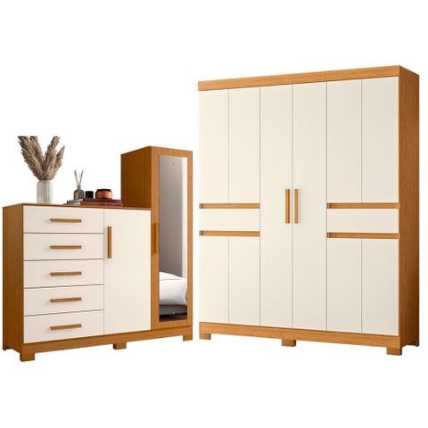 Guarda Roupa Casal Olimpia 10 Portas e Cômoda New Master Cinamomo Off White - Móveis Albatroz