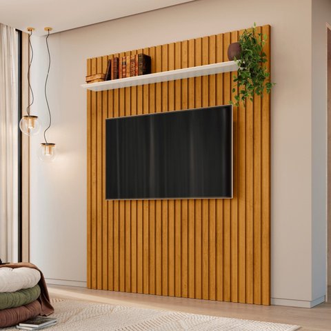 Painel Ripado para TV até 65 Polegadas 100% MDF 160CMX220CM 1 Prateleiras Roma