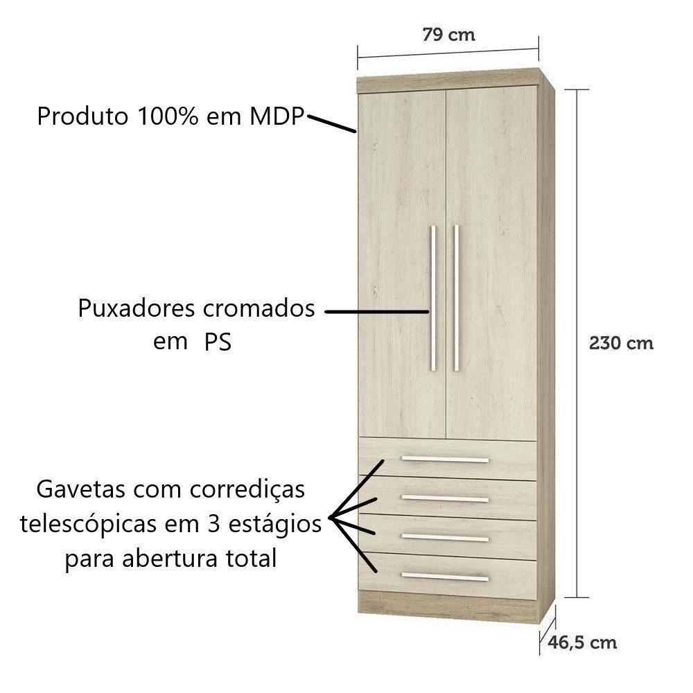 Guarda Roupa Roupeiro Modulado Master 2 Portas 4 Gavetas - Avelã Rústico e Ártico Rústico - Luciane - 3