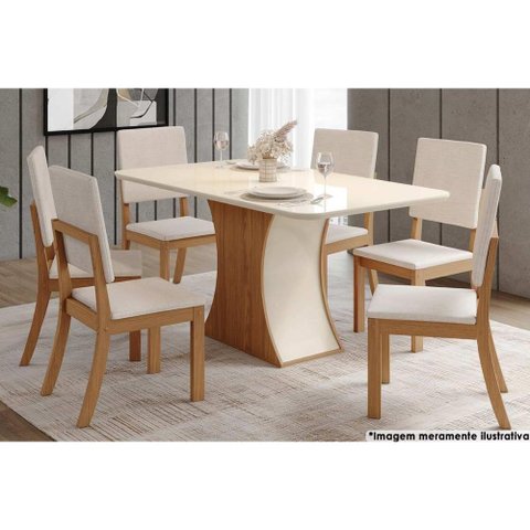 Sala de Jantar Completa Luiza Tampo Curvo Madeirado C/vidro 160x80cm e 6 Cadeiras Milla Nature/