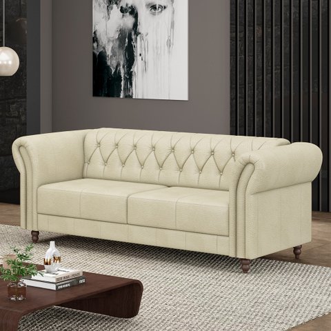 Sofá Living Sala de Estar Stanford Chesterfield 2 Lugares 180cm Pés de Madeira Couro Off White G58 -