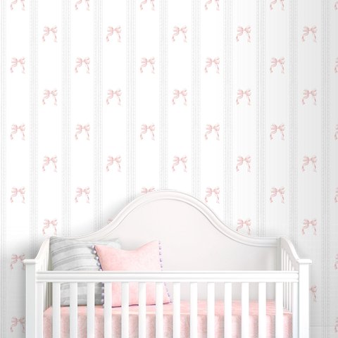 Papel de Parede Listrado Cinza com Laços Rosa Aquarela ( Vinil Fosco Autoadesivo )