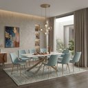 Ver imagem 1 de Conjunto Mesa de Jantar Lara 180cm Cerâmica Base Aço Carbono Bronze com 8 Cadeiras Linho - Verde