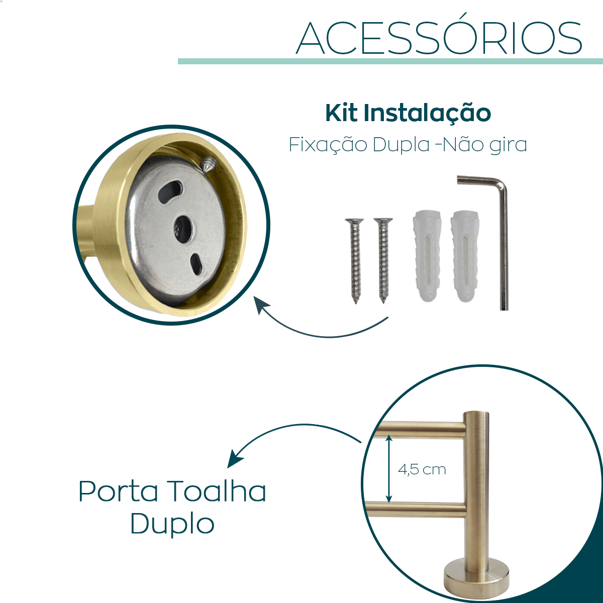 Kit Acessorios Banheiro Dourado Escovado Inox 4 Peças Papeleira Cabide Toalheiro Duplo Porta Toalha - 4