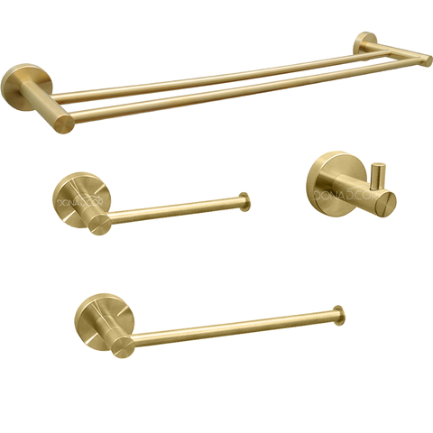 Kit Acessorios Banheiro Dourado Escovado Inox 4 Peças Papeleira Cabide Toalheiro Duplo Porta Toalha