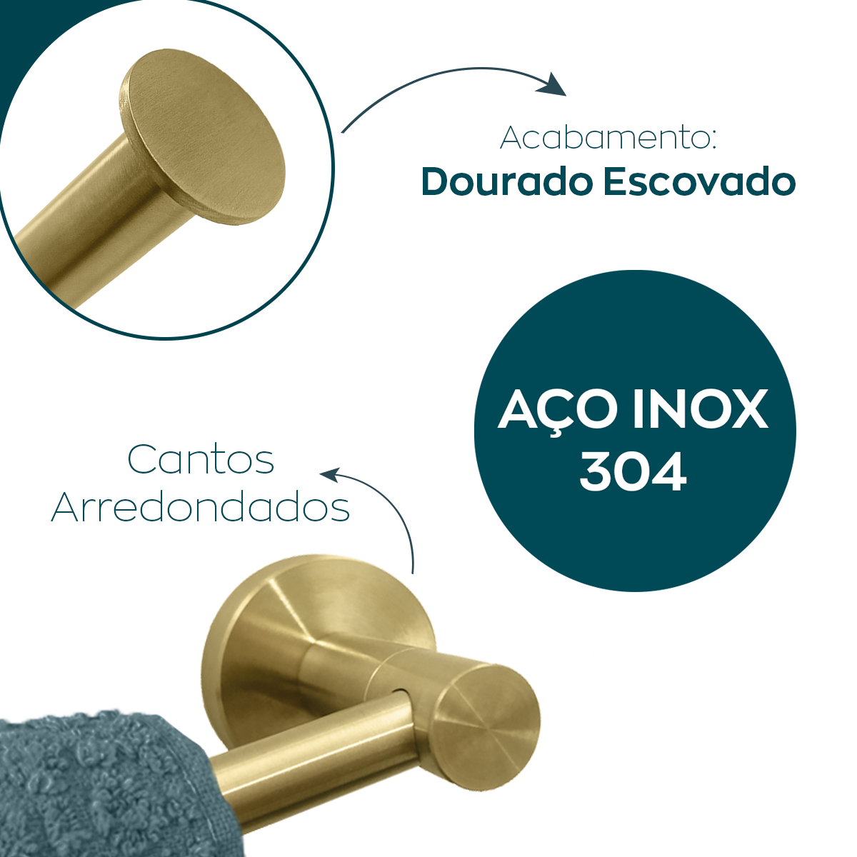Kit Acessorios Banheiro Dourado Escovado Inox 4 Peças Papeleira Cabide Toalheiro Duplo Porta Toalha - 3
