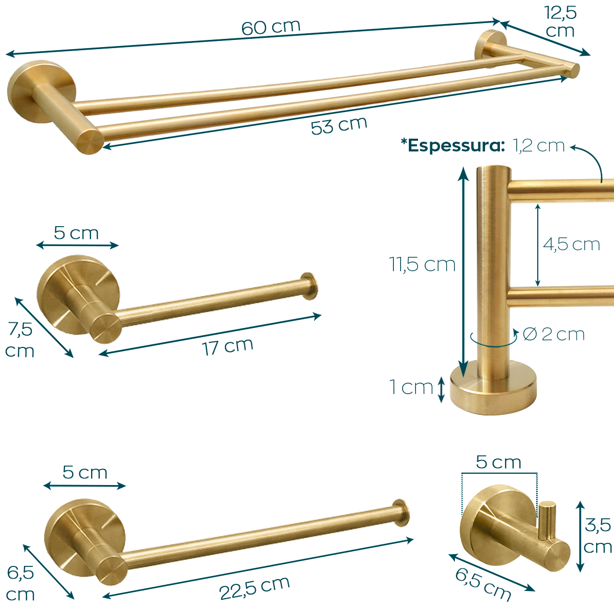 Kit Acessorios Banheiro Dourado Escovado Inox 4 Peças Papeleira Cabide Toalheiro Duplo Porta Toalha - 5