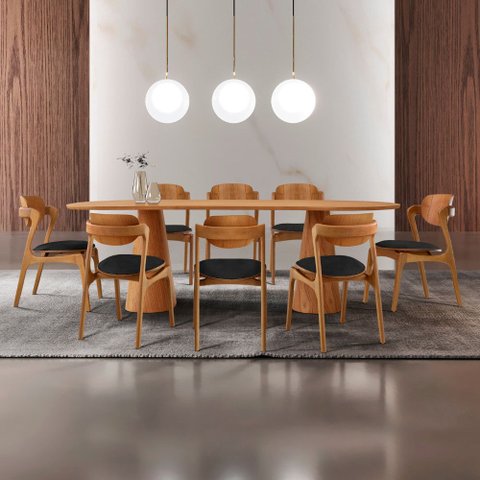 Sala de Jantar Mesa Noronha 220cm Tampo Laminado Canto Barril e 8 Cad Solaris Gold