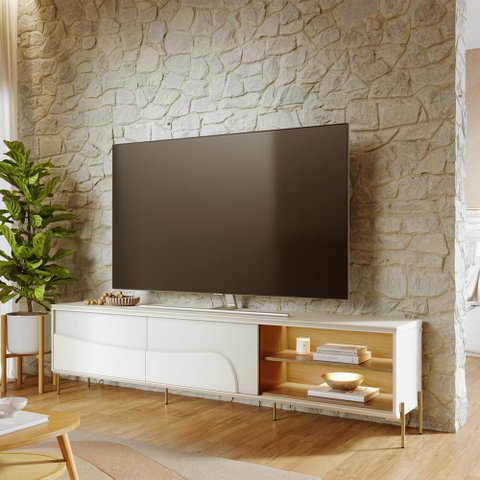 Rack TV Bancada 220cm 2 Portas de Correr Pé Metálicos c/LED Samira C04 - D'Rossi