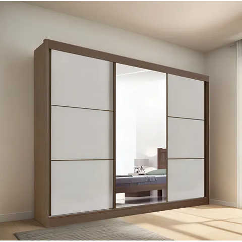 Guarda Roupa Casal com Espelho 100% MDF 3 Portas de Correr 6 Gavetas Flex 273cm Los Angeles Castanho/Off White - D'Doro Móveis