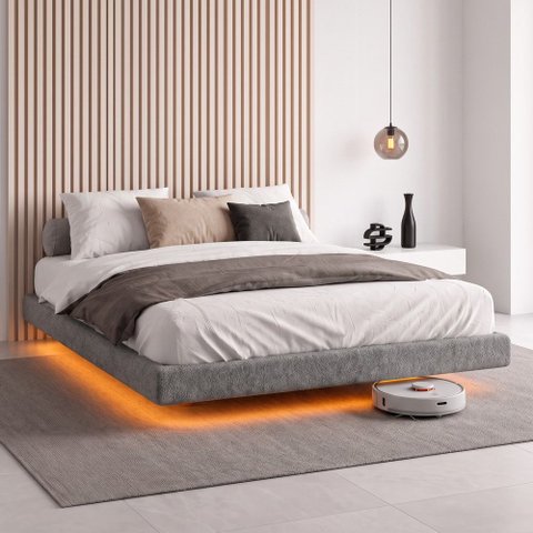 Cama Box Casal Osaka Flutuante Estilo Japonesa 138x188 Base Estofada Bouclê Cinza - Desk Design