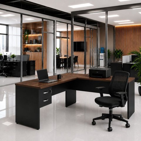 Mesa de Escritório em L 160x60cm com 2 Gavetas + Cadeira de Escritório Ergonômica Reclinável