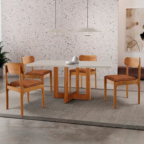 Conjunto de Mesa de Jantar Vitoria Tampo 120cm Laqueado Canto Moeda com Vidro e 4 Cadeiras Bellini