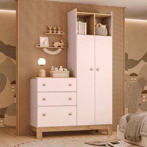 Guarda Roupa Infantil com Cômoda 2 Portas 3 Gavetas MDP Rosa 120,4cm Mais de Casa