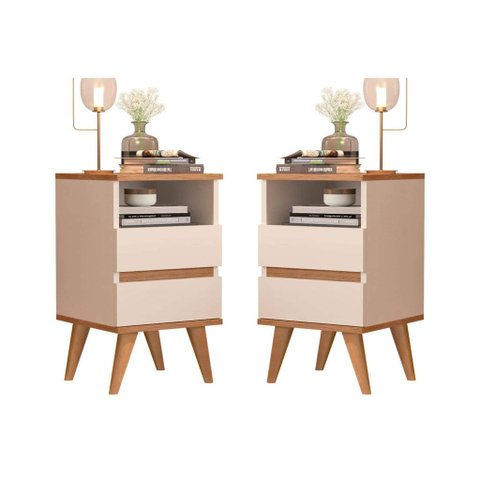 Kit 2 Mesa de cabeceira Pés Palito Em Madeira Maciça 2 Gavetas - Pop - CM - Off white/nature