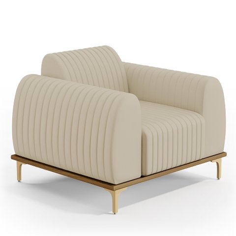 Poltrona Decorativa Base De Madeira e Pés Metalizado D'Ouro Molino D02 Corano Bege C-26 - Lyam