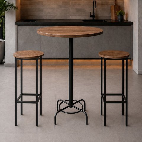 Conjunto Mesa Bistrô Alabama com 2 Banquetas Alta Kassel Cor Louro Freijó - Kmj