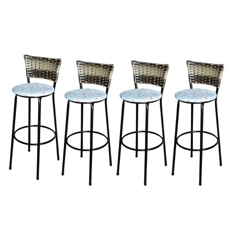 Jogo 4 Banqueta Alta Para Cozinha Ratan Cappuccino Premium Preta Estofado Floral  Floral 