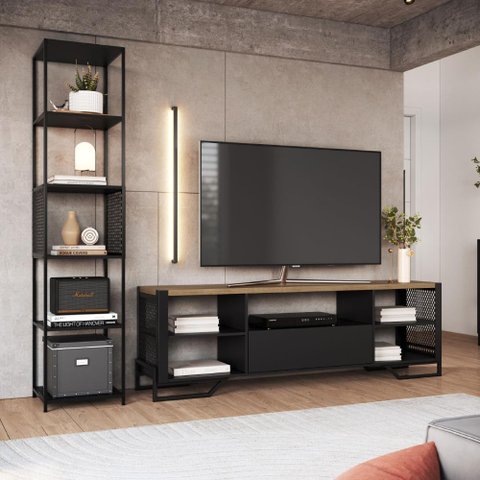 Kit Sala Rack com Gaveta e Estante em Aço Estilo Industrial Cor:preto com Mel