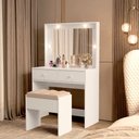 Ver imagem 1 de Penteadeira Maquiagem Lívia Espelho Iluminado Luzes 2 Gavetas + Banqueta Estofada Quarto - Branco