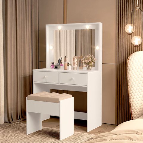 Penteadeira Maquiagem Lívia Espelho Iluminado Luzes 2 Gavetas + Banqueta Estofada Quarto - Branco