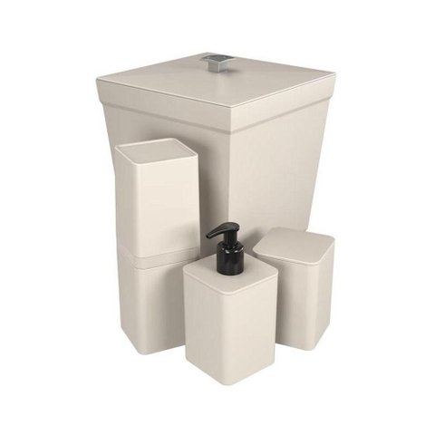 Kit Banheiro 4 Peças Lixeira Dispenser Porta Escova e Porta Algodão - Stolf Areia